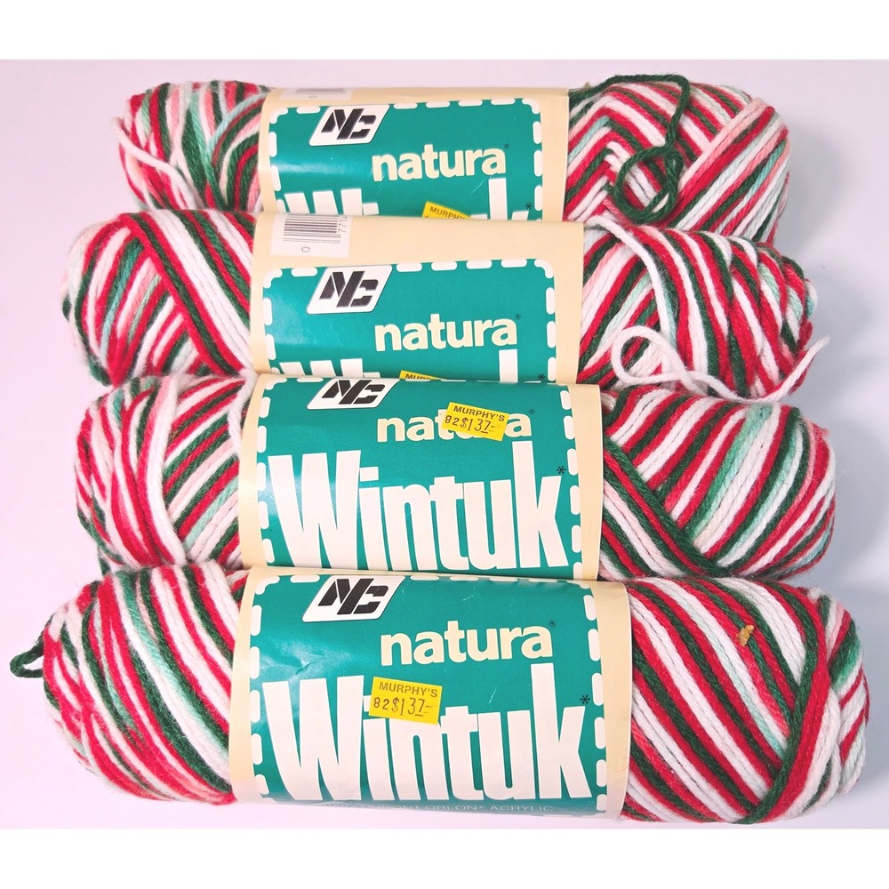 4 Vintage Wintuk Red White Green Christmas Yarn 4-Ply Acrylic Worsted 3 oz Each